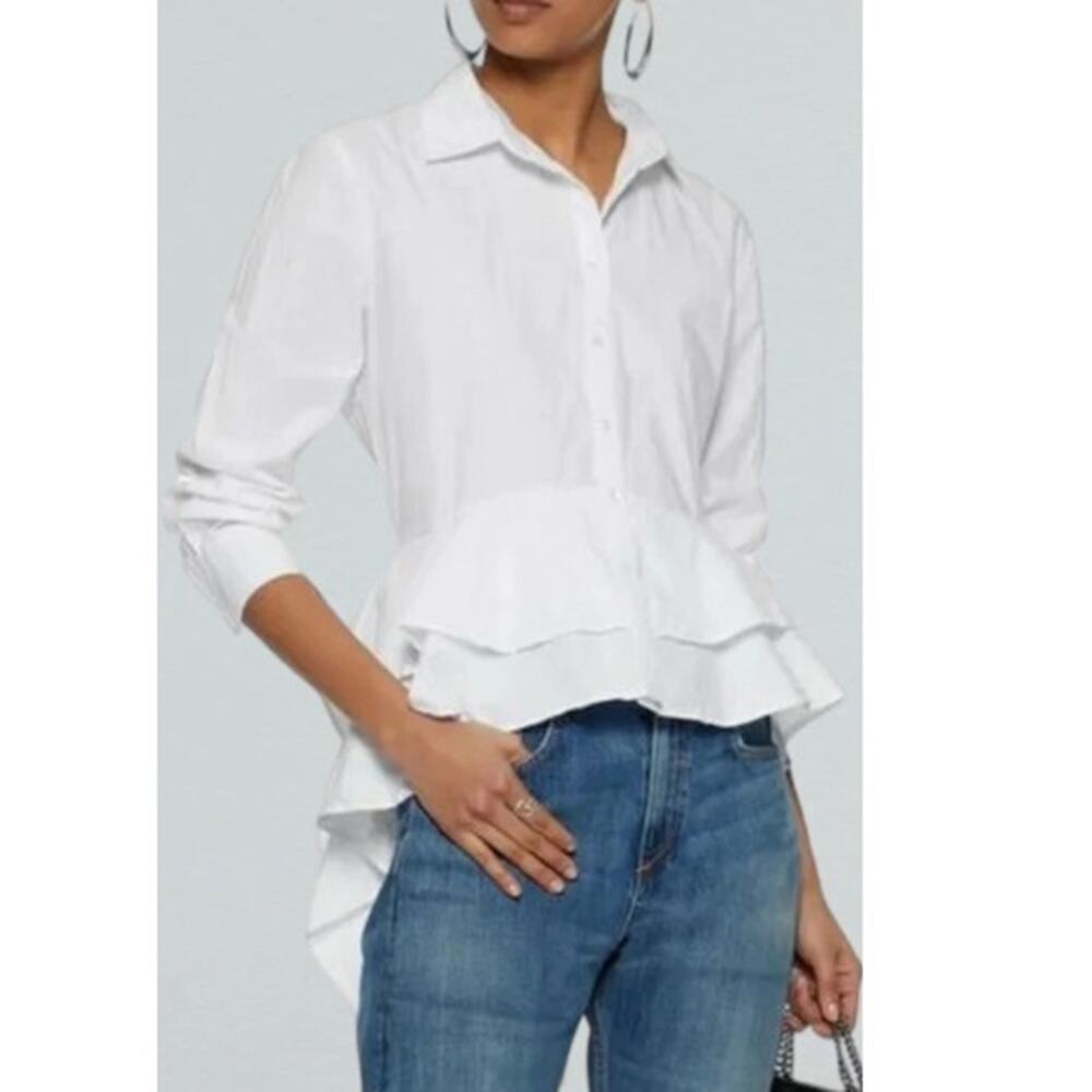 Walter Baker Cotton Ruffled High-Low Button-Up Blouse White Women's Size Large